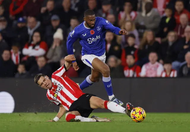 Everton's Beto is fouled by Southampton's Jan Bednarek