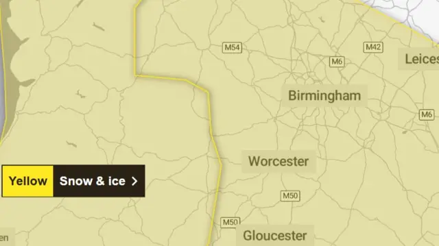 A map of the west midlands, coloured yellow, with the words yellow snow and ice