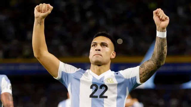 Lautaro Martinez of Argentina celebrates after scoring the team's goal against Peru