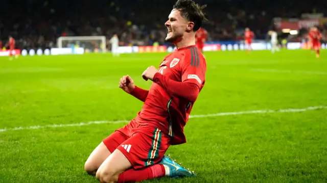 Liam Cullen celebrates scoring for Wales against Iceland