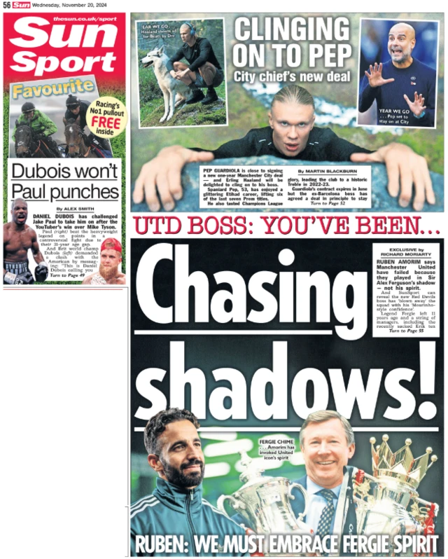 Back page of the Sun on 20 November 2024