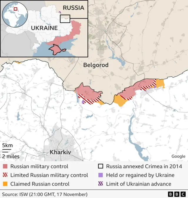 A BBC map showing the location of Belgorod, in Russia close to the Ukrainian border