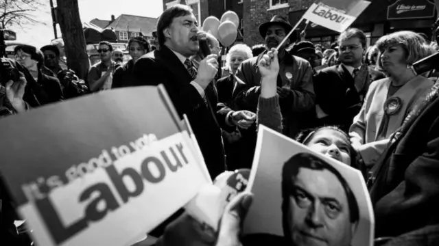 John Prescott, Labour Party politician, campaigning in London, on April 21, 1997, during the 1997 General Election campaign