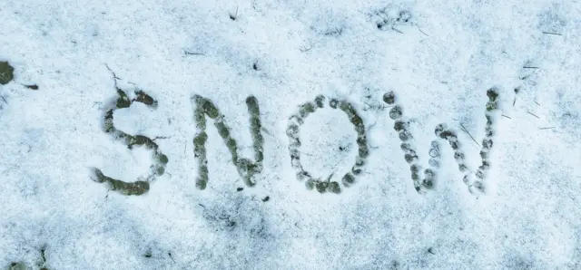 The word "snow" spelled out in the snow, apparently with repeated prods from the end of a stick.