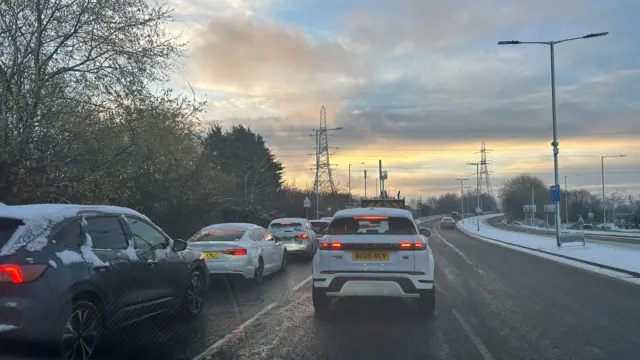 Cars queuing to get onto the M6 near Walsall