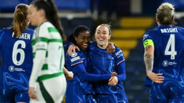 Chelsea's Lucy Bronze celebrates after opening the scoring against Celtic.