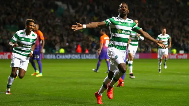 Moussa Dembele celebrates scoring for Celtic against Manchester City in 2016