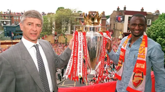 Arsenal manager Arsene Wenger and Patrick Vieira with the Premier League trophy in 2004