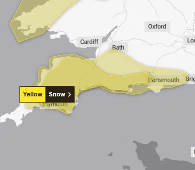 The image shows a map of the South West with yellow weather warning for both snow and ice. The affected areas are highlighted in yellow.