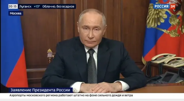 Russian President Vladimir Putin addresses the nation in a televised address