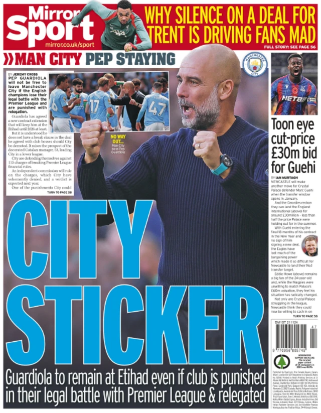 Back page of the Daily Mirror on 21 November 2024