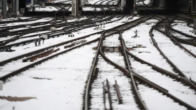 Snow on train tracks