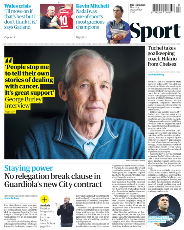 Lead sport page of the Guardian on 21 November 2024