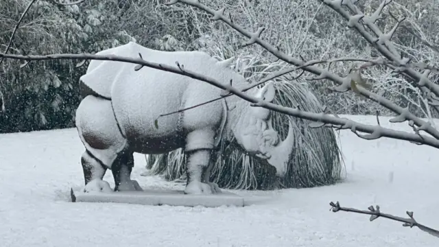 The photo shows a sculpture of a rhino that is covered in snow.