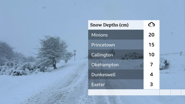 The graphic shows the depths of snow seen in some areas of the South West. Minions (20cm), Princetown (15cm), Callington (10cm), Okephampton (7cm), Dunkeswell (4cm) and Exeter (3cm)