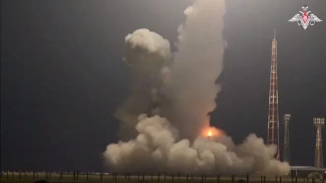 A test launch of an ICBM in Astrakhan, Russia, is shown in this video still from April