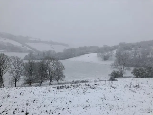 A snowy landscape scene of fields and trees