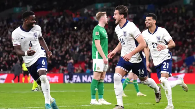 Taylor Harwood-Bellis celebrates scoring for England against the Republic of Ireland