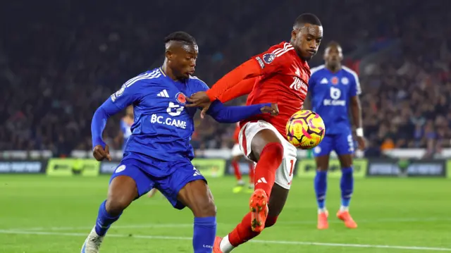 Nottingham Forest's Callum Hudson-Odoi shields the ball from Leicester City's Abdul Fatawu