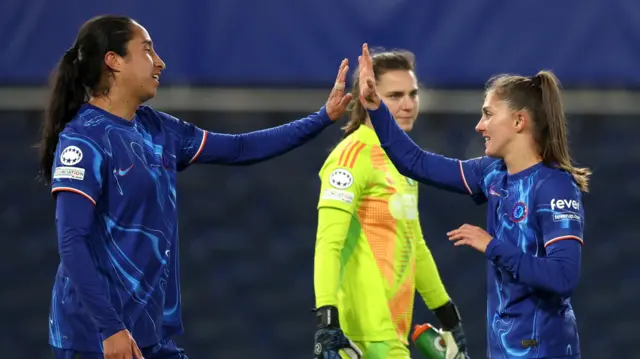 Mayra Ramirez high-fives Chelsea team-mate Eve Perisset after their win over Celtic