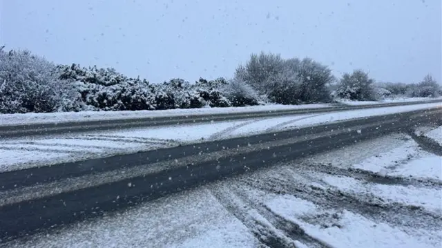 Snow covered A roads in Cornwall.