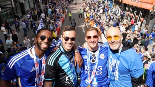 Ricardo Pereira, Harry Winks, Marc Albrighton and Enzo Maresca during an open top bus parade through Leicester