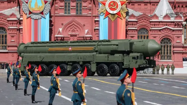 A Russian Yars intercontinental ballistic missile launcher is shown in the Red Square, Moscow