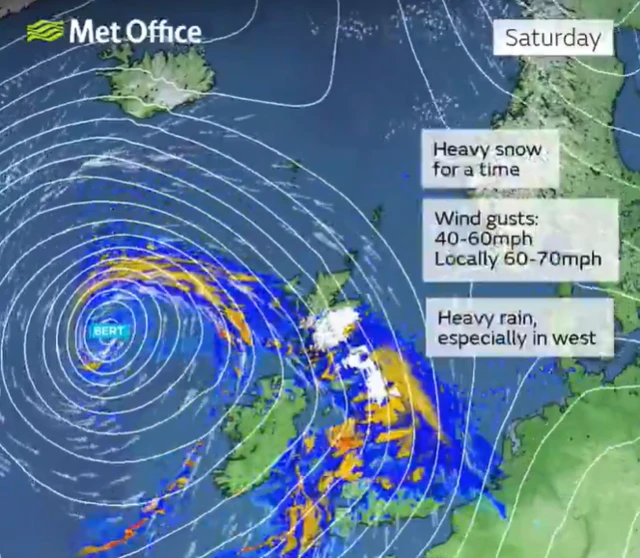 A digital map of the UK showing heavy areas of wind and rain on saturday