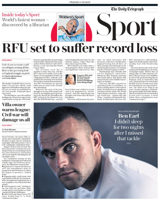 Main sport page of the Daily Telegraph on 21 November 2024