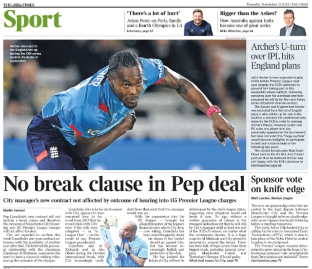 Back page of the Times on 21 November 2024