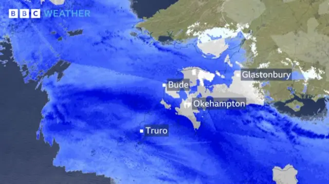 BBC weather graphic shows areas of South West which can expect snow.