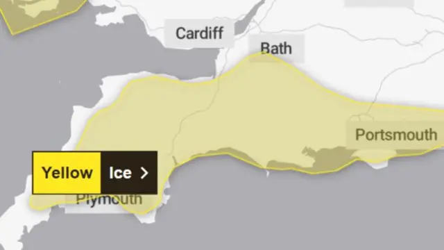 A digital map showing the area where ice is expected on Friday, it covers most of Devon and Cornwall