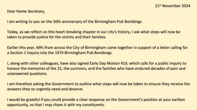 An extract of the MP's letter to the Home Secretary