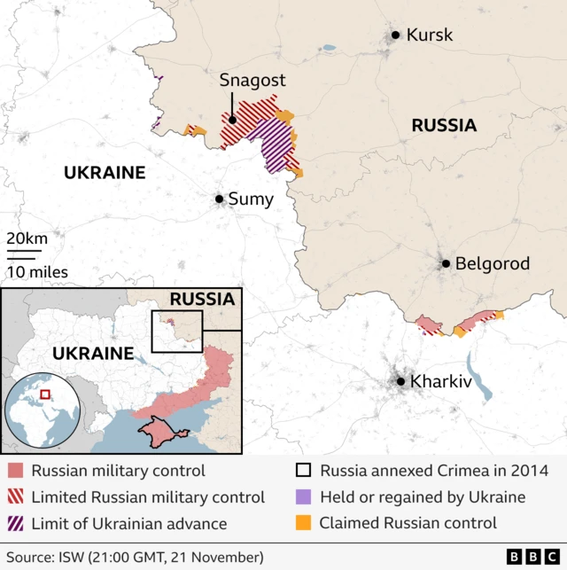 Map showing areas of control on the northern Ukraine border with Russia, including the Kursk region whick Ukraine invaded in August