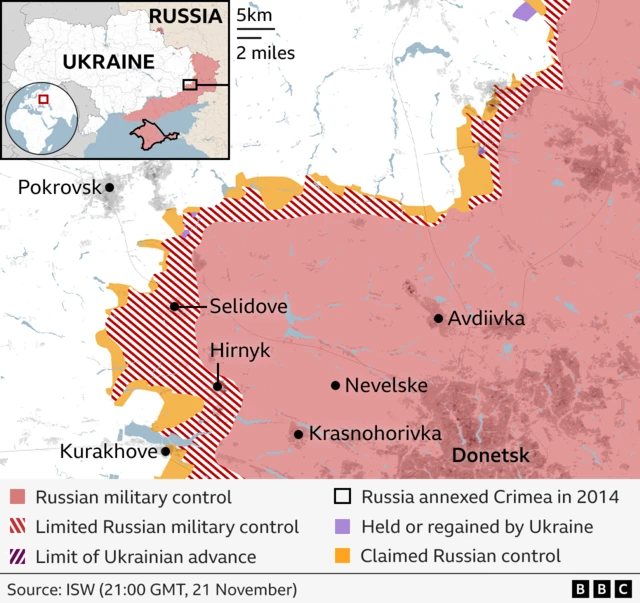 A map of Ukraine showing which areas are under Ukrainian and Russian control.