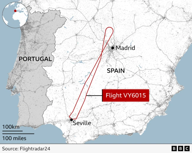 Map showing the route of a flight from and back to Seville