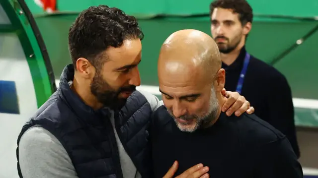 Ruben Amorim speaks to Pep Guardiola