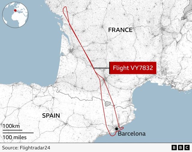 Map showing the route of a flight from and back to Barcelona