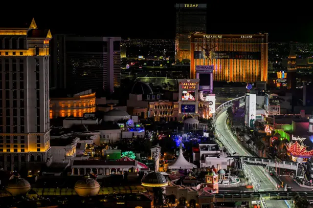 Backdrop of Las Vegas including Caesar's Palace and Trump Tower during first practice