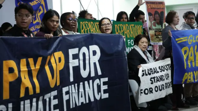 A group of COP29 protestors holding banners demanding climate justice for the Global South