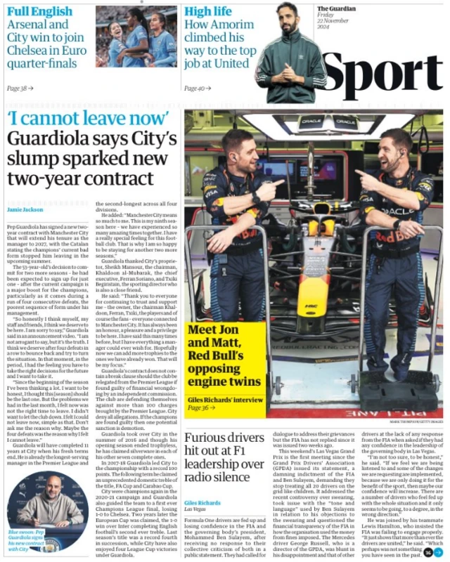 Lead sport page of the Guardian on 22 November 2024