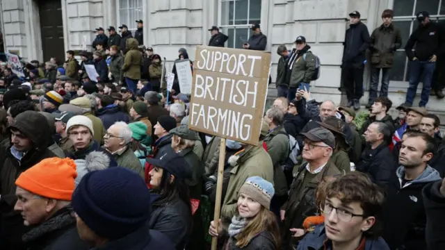 Farmers hold placards during a protest in Westminster in central London