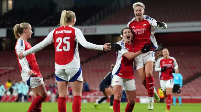 Lina Hurtig celebrates scoring for Arsenal against Juventus