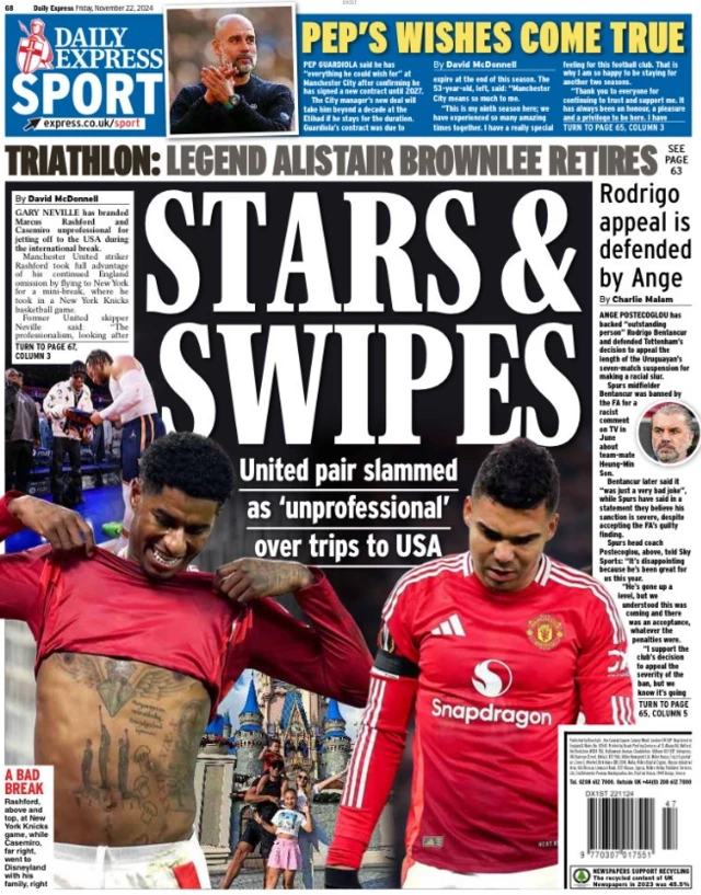 Back page of the Daily Express on 22 November 2024