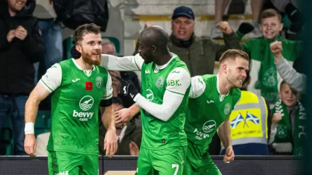 Hibernian's Nicky Cadden celebrates with Elie Youan and Chris Cadden before his equaliser is ruled out for an offside during a William Hill Premiership match between Hibernian and St Mirren at Easter Road, on November 09, 2024.