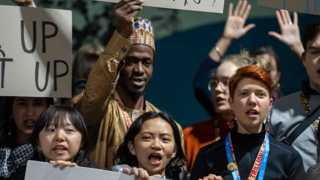 Group of protesters at COP29, holding up placards and chanting slogans