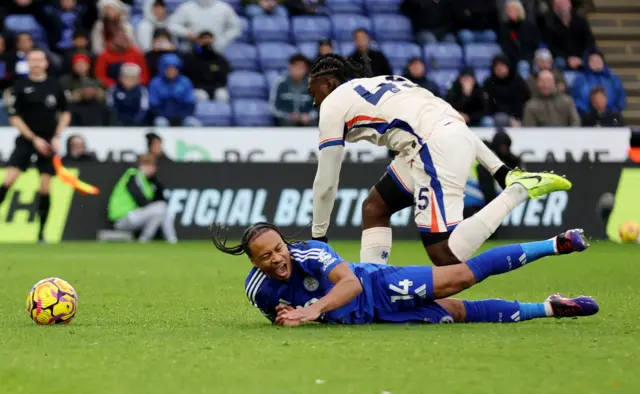 Chelsea's Romeo Lavia concedes a penalty against Leicester City's Bobby Decordova-Reid