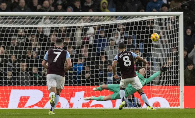 Crystal Palace's goalkeeper Dean Henderson saves a penalty from Aston Villa's Youri Tielemans