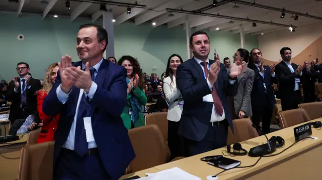 Delegates applaud during a closing plenary session at the COP29 UN climate conference in Baku, Azerbaijan