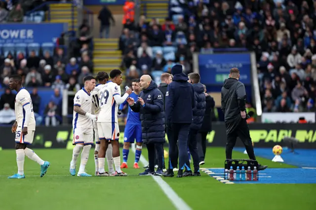 Chelsea Manager Enzo Maresca gives instructions to Wesley Fofana